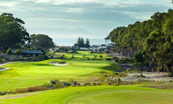 Green tree lined fairways of the Hermanus Golf Course with Walker Bay in the distance.