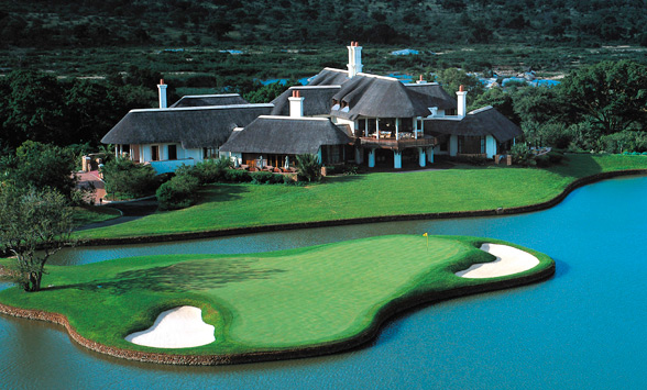 aerial view of the island green and leopard creek clubhouse.