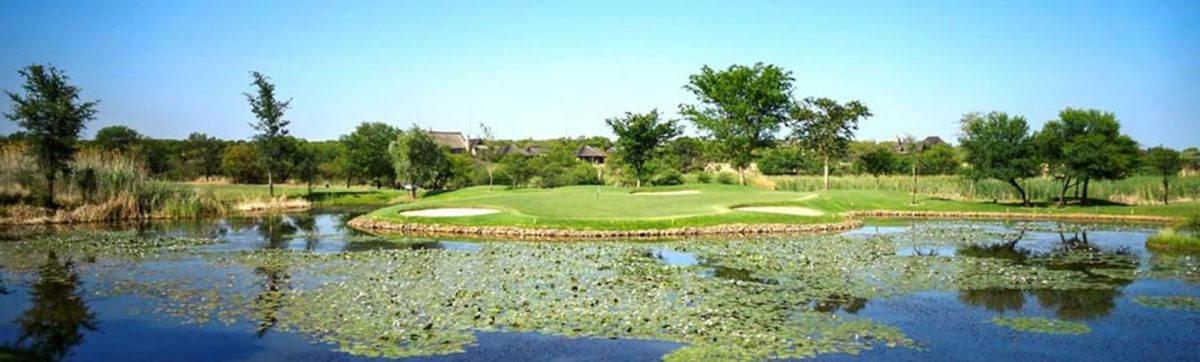 view across the water on a par 3 hole at Zebula golf club.