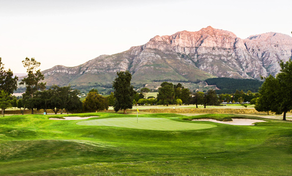 Evening sunlight on the Simonsberg Mountains seen from Stellenbosch Golf Club.