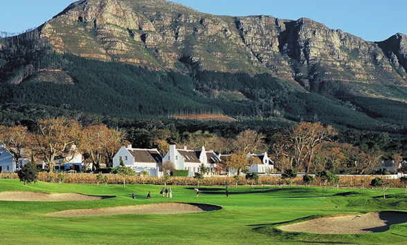 views of the historic Steenberg Hotel and Table Mountain in Cape Town.