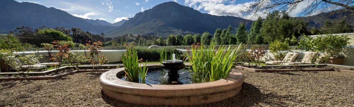 Fountain and mountain views from Auberge Claremont in Franschhoek