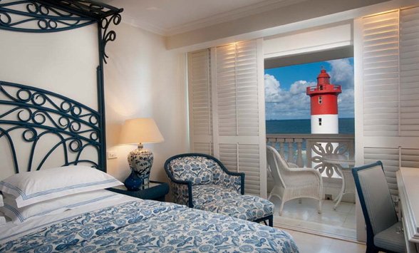 View from a bedroom for the Oyster Box Hotel of the Umhlanga Rocks Lighthouse.