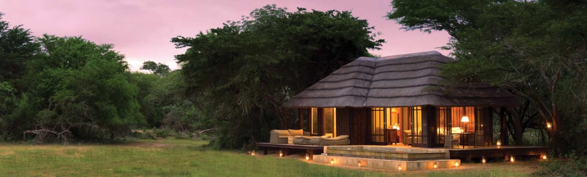 Sunset over the rooms at Vlei Lodge on the Phinda Reserve.