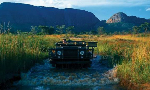 Early morning game drive crossing through a river.