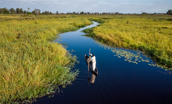 lone mokoro canoe making its way along the channel of the Okavango Delta.