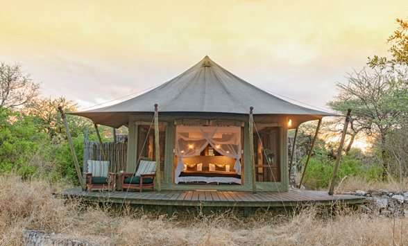 Luxury tent standing alone in the bush at Onguma.