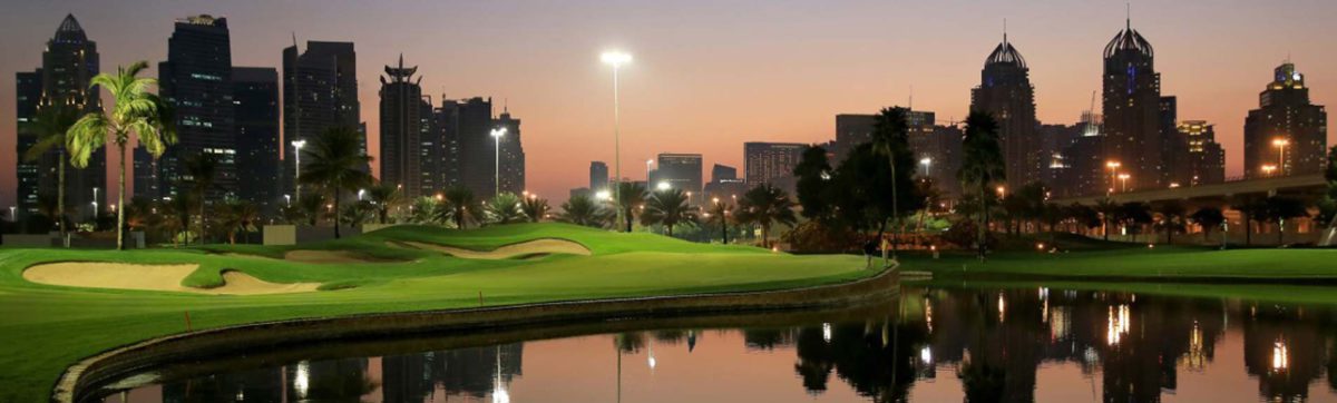 floodlit final hole at the Faldo Course in Dubai.