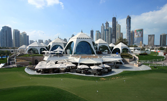 Iconic Majlis buildings in the Emirates golf club.