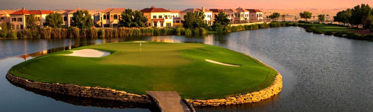 daunting island green of the 17th hole at Earth Course, Dubai.