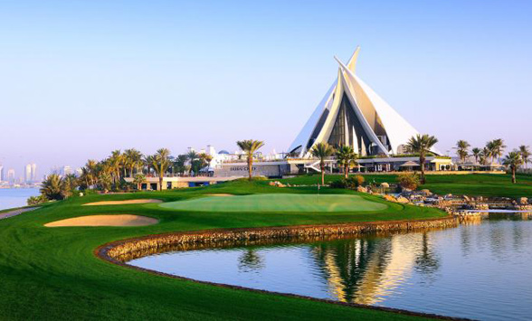 final fairways and green of the Dubai Creek Golf Course.