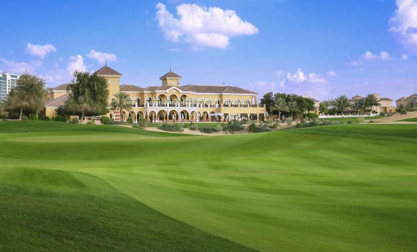 Lush, verdant fairway of the 18th hole at The Els Club, Dubai.