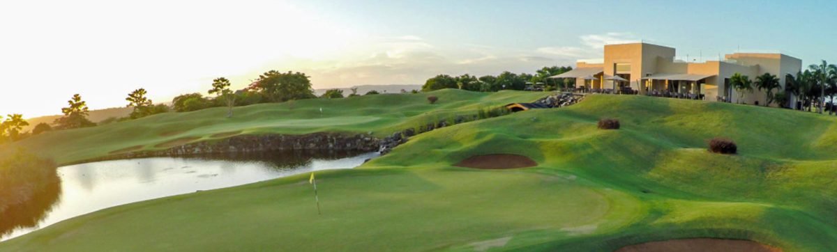 Sunrise over the 18th green and fairways at a golf course near Mombasa.