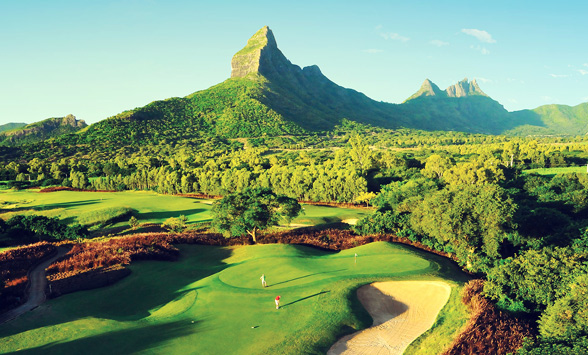 views across the golf course in Mauritius to Sugar Mountain.