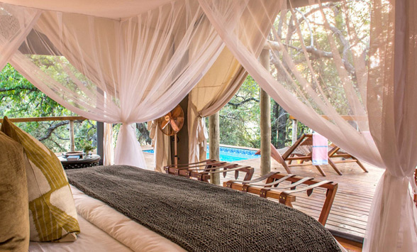 Four poster bed in a tented room at Rhino Sands with view of the private deck and plunge pool.